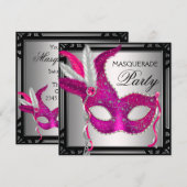 Zwart Hot Pink Mask Hot Pink Masquerade Party Kaart (Voorkant / Achterkant)