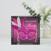 Zwart Hot Pink Mask Hot Pink Masquerade Party Kaart (Staand voorkant)