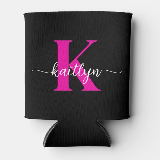 Zwart Hot Pink Monogram Blikjeskoeler (Voorkant)