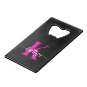 Zwart Hot Pink Monogram Creditkaart Flessenopener (Voorkant Gekanteld)