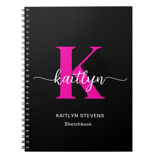 Zwart Hot Pink Monogram Schetsboek Notitieboek (Voorkant)