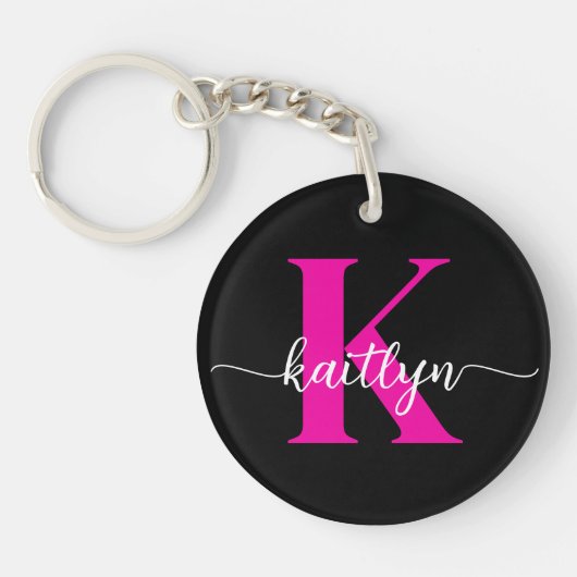 Zwart Hot Pink Monogram Sleutelhanger (Voorkant)