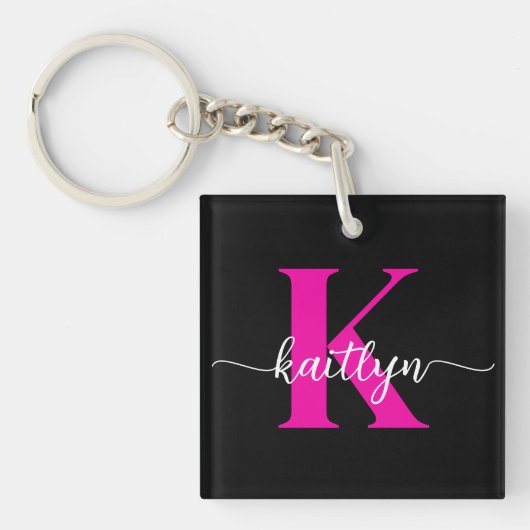 Zwart Hot Pink Monogram Sleutelhanger (Voorkant)