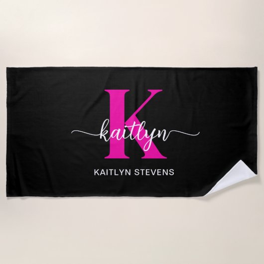 Zwart Hot Pink Monogram Strandlaken (Voorkant)