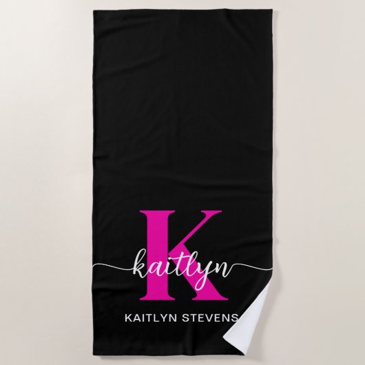 Zwart Hot Pink Monogram Strandlaken (Voorkant)