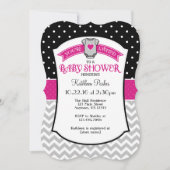 Zwart Hot Pink Polkadot Chevron Baby shower Uitnod Kaart (Voorkant)