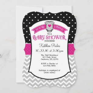 Zwart Hot Pink Polkadot Chevron Baby shower Uitnod Kaart