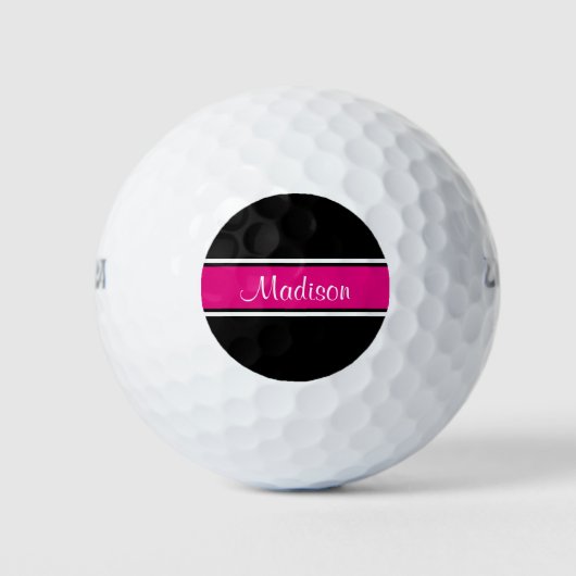 Zwart Hot Pink Stripe Script Naam Monogram Golfballen (Voorkant)