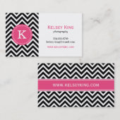 Zwart & Hot Roze Chevron Custom Monogram Visitekaartje (Voorkant / Achterkant)