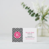 Zwart & Hot Roze Chevron Custom Monogram Visitekaartje (Staand voorkant)