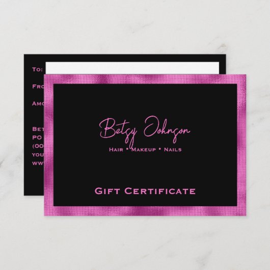 Zwart & Hot Roze Faux Folie Cadeaubon Kaart (Voorkant / Achterkant)