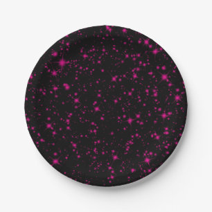 Zwart & Hot Roze Glitters Glitterende Sterren Papieren Bordje