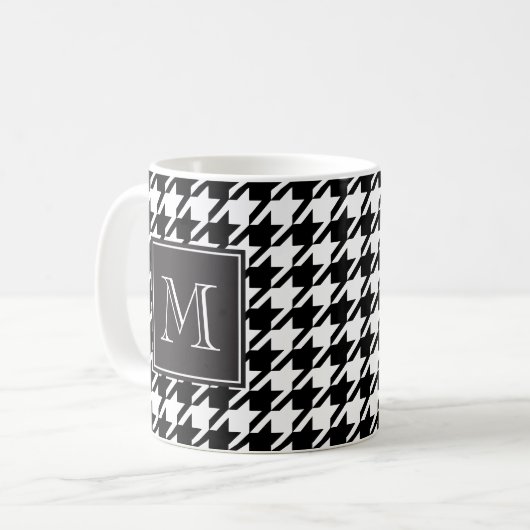 Zwart houndstooth-monogram koffiemok (Voorkant links)