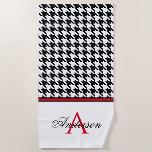 Zwart Houndstooth Rood Monogram Strandlaken (Voorkant)