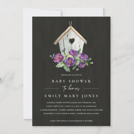 ZWART HOUODEN RUSTIC FLORAL BIRDHOUSE BABY SHOWER KAART (Voorkant)