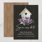 ZWART HOUODEN RUSTISCH PAARS FLORAL BIRDHOUSE SAVE THE DATE (Voorkant / Achterkant)