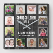 Zwart Hout 12 Afbeelding Collage Kleinkinderen Quo Vierkante Klok (Voorkant)