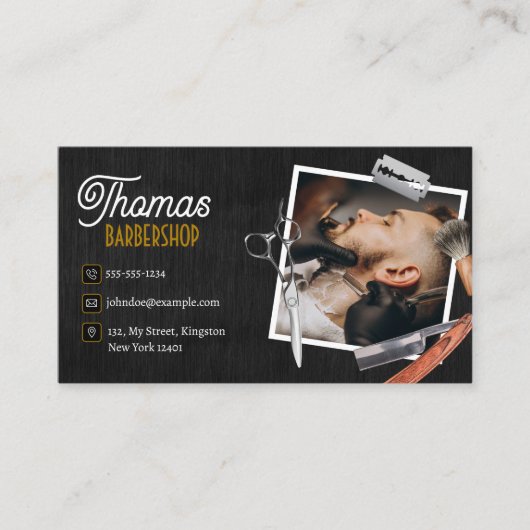 Zwart Hout Barber Shop Foto Schaar Haar Clipper Visitekaartje (Voorkant)