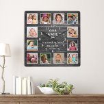 Zwart Hout Familienaam Quote Boerderij 12 Foto Vierkante Klok<br><div class="desc">Toon uw dierbare herinneringen met dit rustieke houten familie collage foto lijst. Creëer een 12 fotocollage met behulp van onze gebruiksvriendelijke sjabloon. Personaliseer het met uw familienaam en jaar. Dit unieke afbeeldingen lijst is ideaal voor boerderijdecor en stelt u in staat om de speciale momenten van uw familie mooi weer...</div>