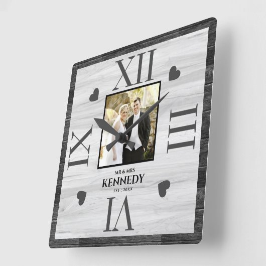 Zwart Hout Gepersonaliseerde Foto bruiloft Jubileu Vierkante Klok (Hoek)