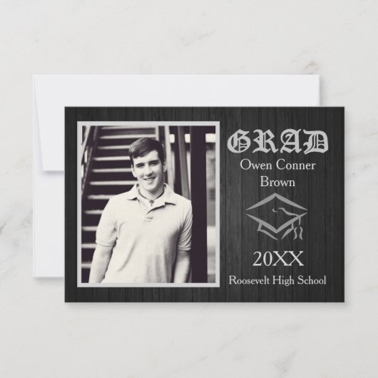 Zwart Hout met Pet - 3x5 Afstuderen Aankondiging (Voorkant)