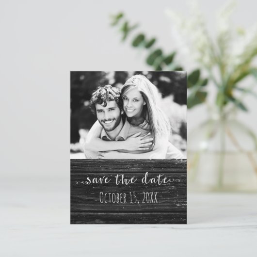 Zwart Hout SAVE DE DATUM Glam rustieke bruiloft fo Aankondigingskaart (Staand voorkant)