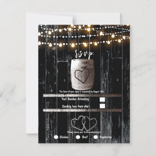Zwart Hout String Lights Barrel Bruiloft RSVP Kaart (Voorkant)