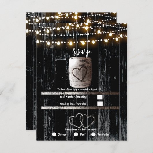 Zwart Hout String Lights Barrel Bruiloft RSVP Kaart (Voorkant / Achterkant)
