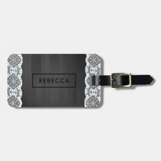 Zwart Hout & Wit  Kant Monogram Bagagelabel (Voorkant horizontaal)