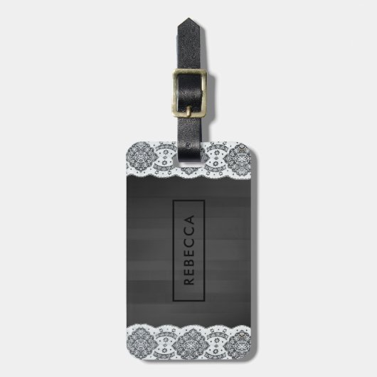 Zwart Hout & Wit  Kant Monogram Bagagelabel (Voorkant verticaal)