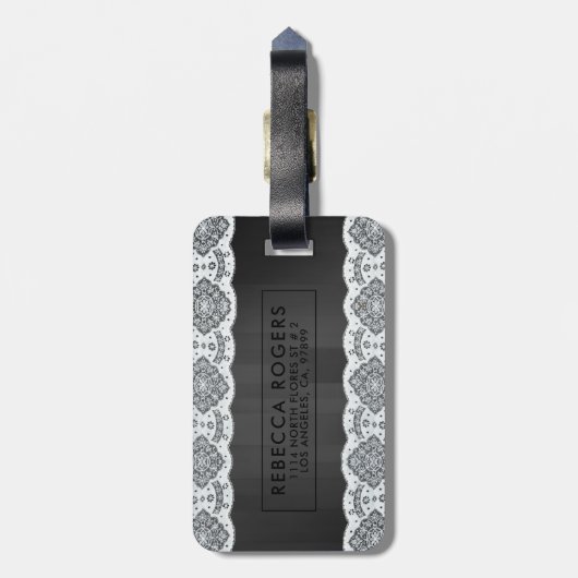 Zwart Hout & Wit Kant Monogram Bagagelabel (Achterkant verticaal)