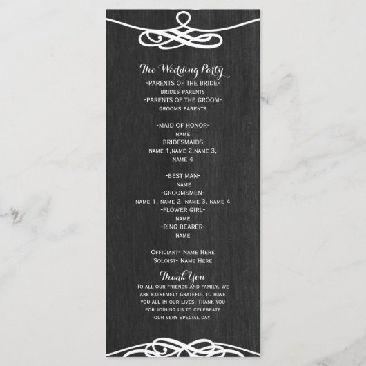 Zwart Hout & Wit Vintage Trouwprogramma Programmakaart (Achterkant)