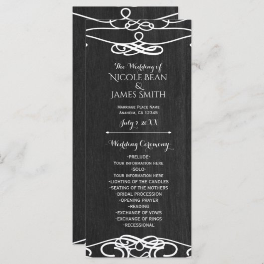 Zwart Hout & Wit Vintage Trouwprogramma Programmakaart (Voorkant / Achterkant)