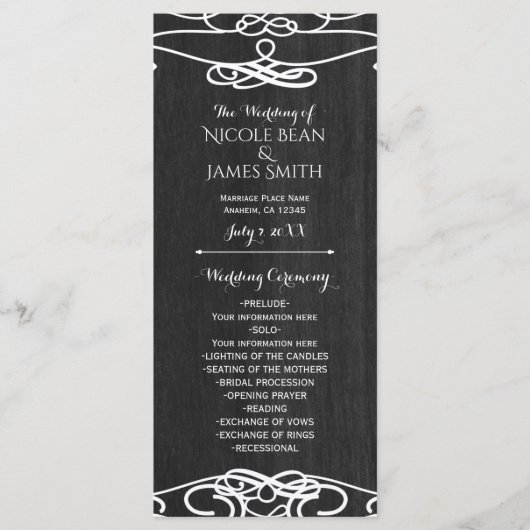 Zwart Hout & Wit Vintage Trouwprogramma Programmakaart (Voorkant)