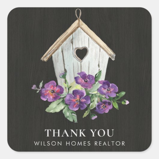 ZWART HOUTEN BLOEMEN VOGELHUIS DANK U REALTOR VIERKANTE STICKER (Voorkant)