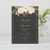 Zwart houtskool goud roze koraal bloemenbruiloft kaart (Staand voorkant)