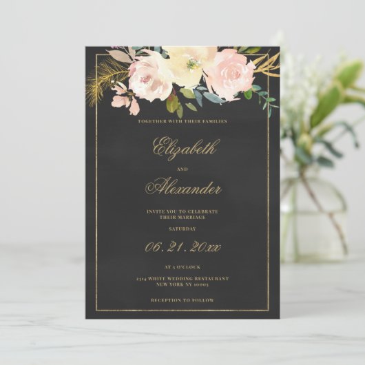Zwart houtskool goud roze koraal bloemenbruiloft kaart (Staand voorkant)