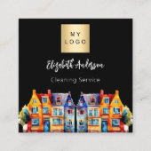 Zwart huis schoonmaak service QR-code Vierkante Visitekaartje (Voorkant)