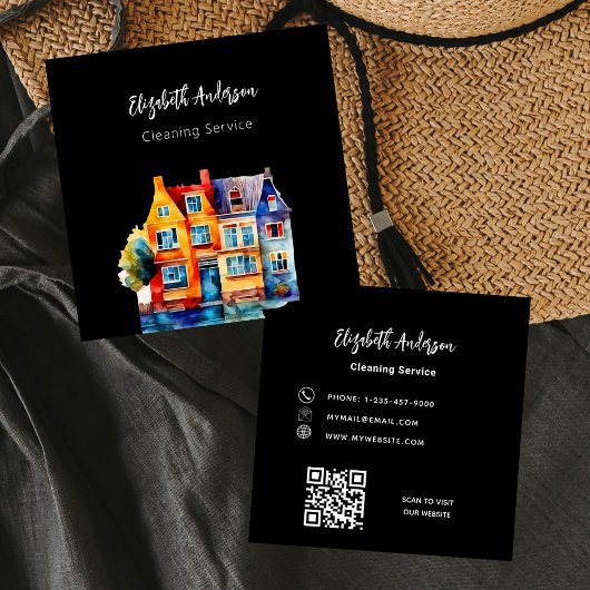 Zwart huis schoonmaak service QR-code Vierkante Visitekaartje