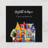 Zwart huis schoonmaak service QR-code Vierkante Visitekaartje (Voorkant)