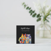 Zwart huis schoonmaak service QR-code Vierkante Visitekaartje (Staand voorkant)