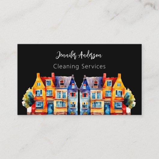 Zwart huis schoonmaak service QR-code Visitekaartje (Voorkant)