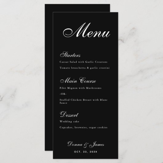 Zwart Huwelijk Eenvoudig Wit Script Kalligrafie Menu (Voorkant / Achterkant)