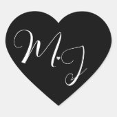 Zwart huwelijkslabel met witte monogramtekst hart sticker (Voorkant)