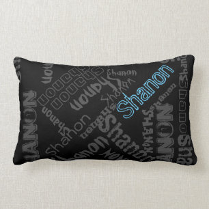 Zwart, ijskblauw, grijze voornaam collage omgekeer kussen