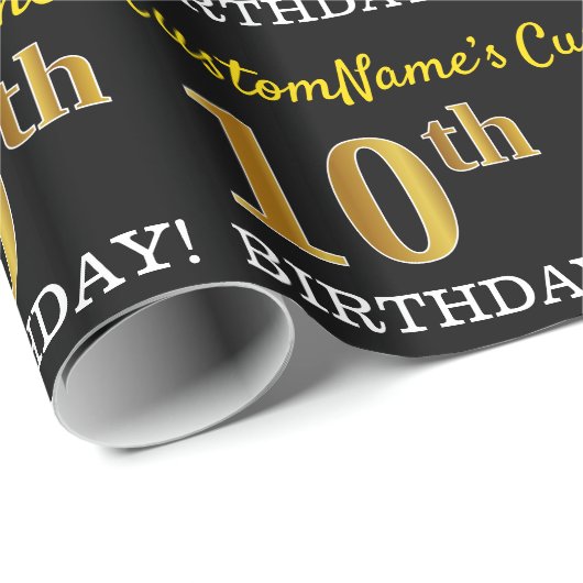 Zwart, Imitatie Goud "10e VERJAARDAG" Cadeaupapier (Rol Hoek)