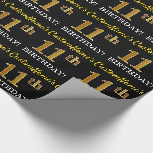 Zwart, Imitatie Goud "11e VERJAARDAG" Cadeaupapier (Hoek)