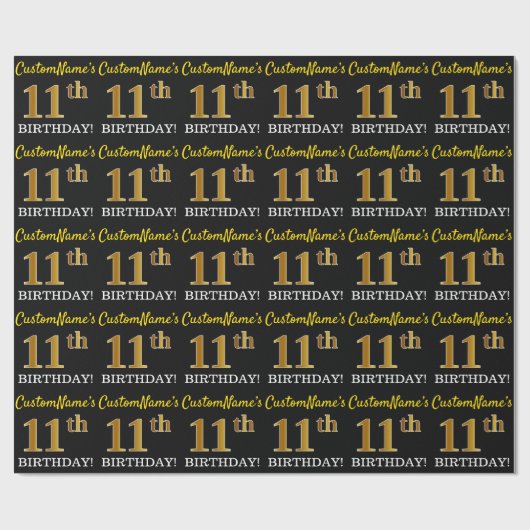 Zwart, Imitatie Goud "11e VERJAARDAG" Cadeaupapier (Vlak)