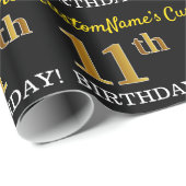 Zwart, Imitatie Goud "11e VERJAARDAG" Cadeaupapier (Rol Hoek)