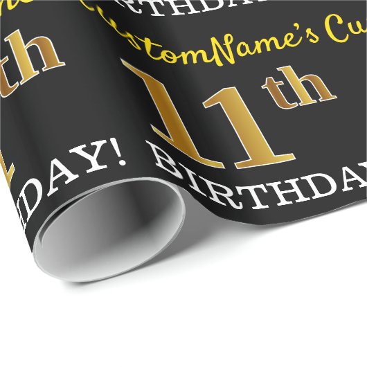 Zwart, Imitatie Goud "11e VERJAARDAG" Cadeaupapier (Rol Hoek)